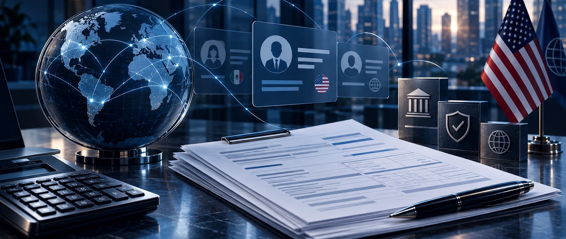 Cross-border payroll operations workspace illustrating employee withholding, payroll tax review and international employer compliance.