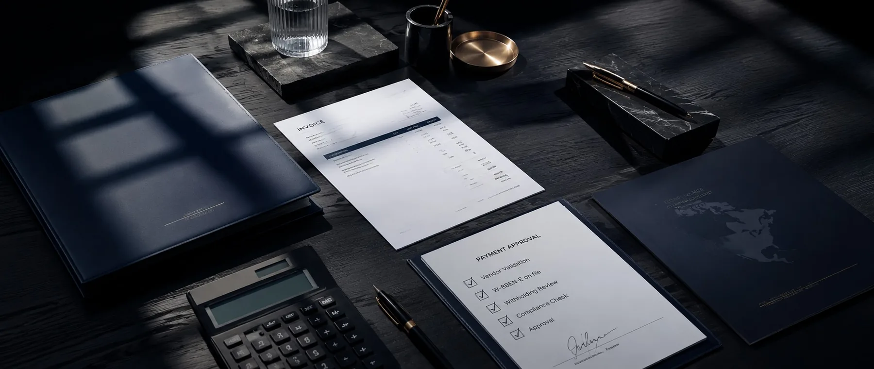 Premium editorial desk scene with invoice, payment approval documents and compliance materials for a U.S.–Mexico vendor payment.