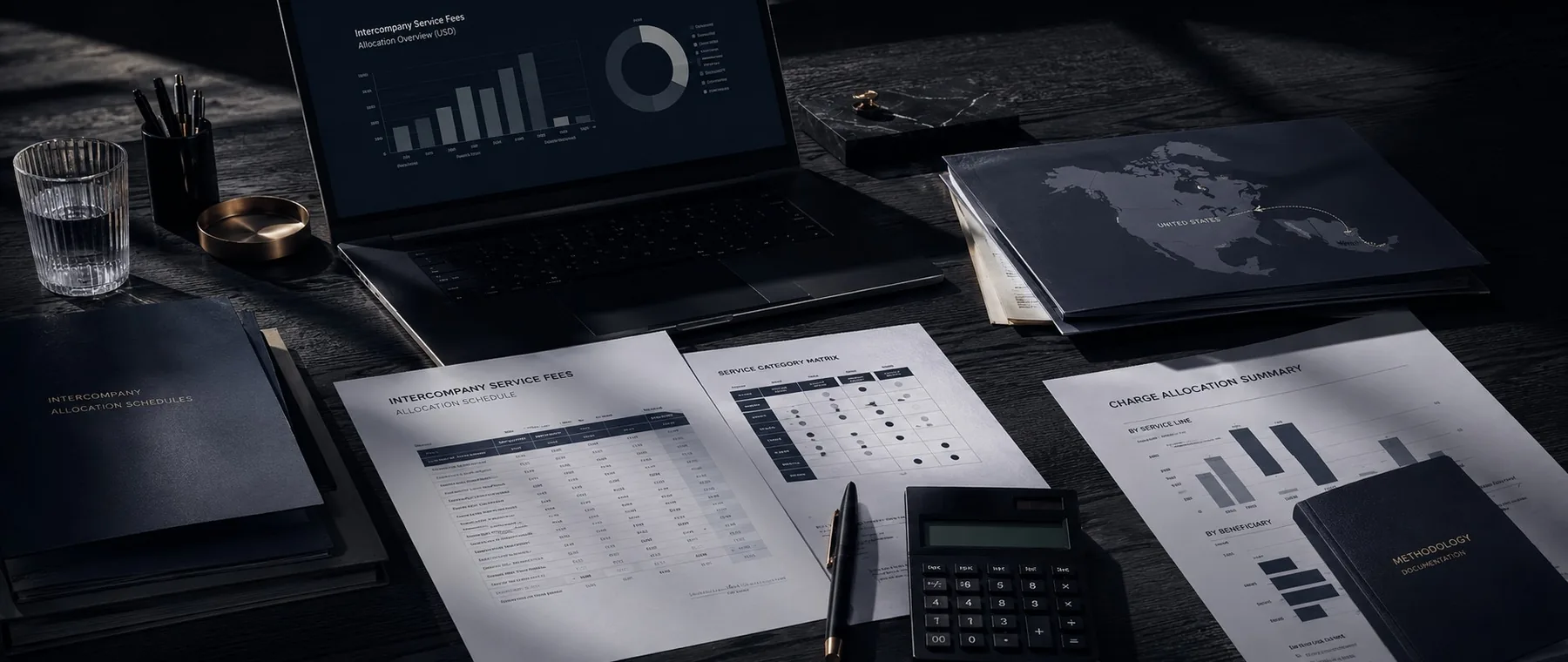 Premium editorial workspace showing intercompany service fee allocation schedules, analysis charts and cross-border documentation.