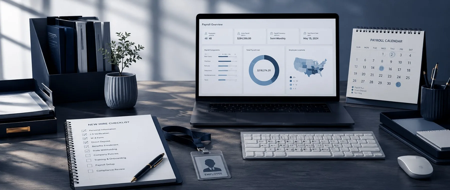Modern payroll operations workspace with payroll dashboard, onboarding checklist and payroll calendar.