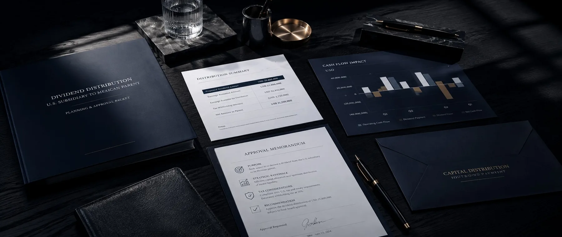 Premium editorial dividend planning desk with distribution summary, approval memorandum and cash-flow analysis.